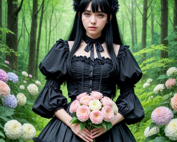 Young woman in black dress with floral bouquet in forest