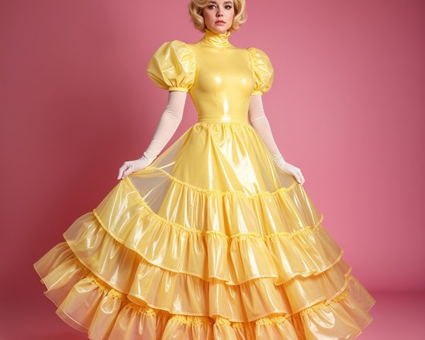 Yellow Gown with Puffed Sleeves and Ruffles