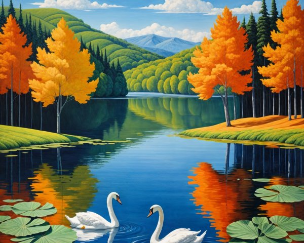 Serene Lake with Swans and Vibrant Autumn Foliage