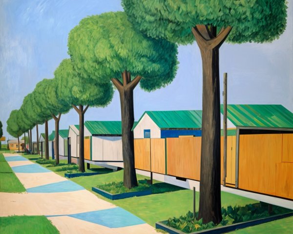 Serene Streetscape with Trees and Colorful Structures