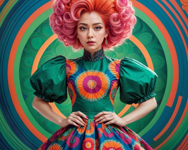 Portrait of a woman with pink hair and floral dress