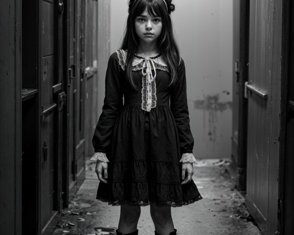 Young girl in vintage dress in dimly lit hallway