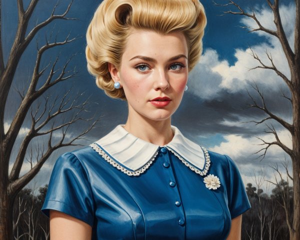 Young Woman in Vintage Dress Against Barren Trees