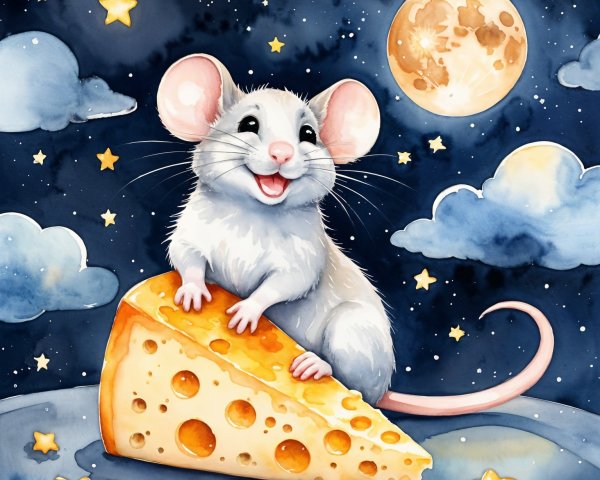 Cheerful cartoon mouse on cheese under starry night sky