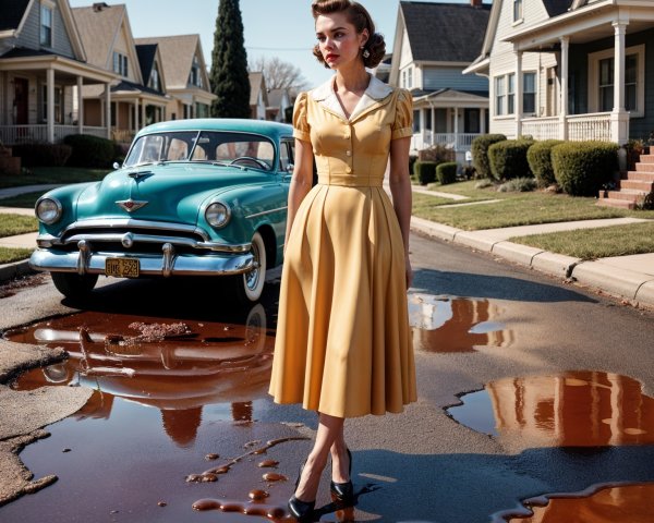 Vintage Yellow Dress on Suburban Street with Classic Car