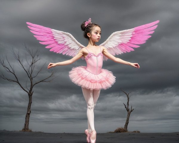 Ballerina with Wings in Dreamlike Landscape