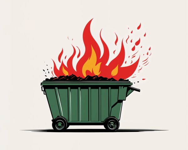 Green Dumpster Overflowing with Flames and Debris