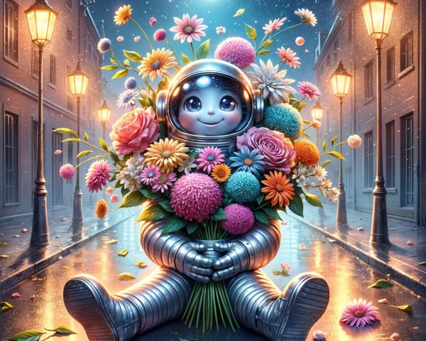 Charming Astronaut with Flowers in Whimsical Night Scene
