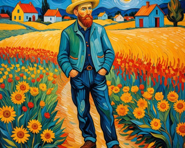Impressionistic Scene of Man Among Sunflowers at Night