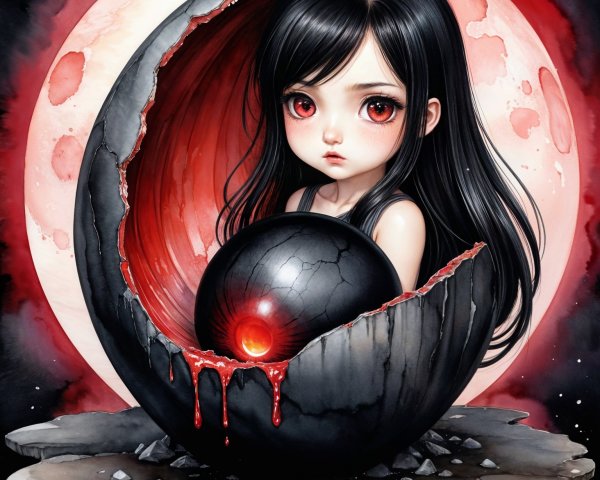 Young girl in dark shell with glowing black sphere