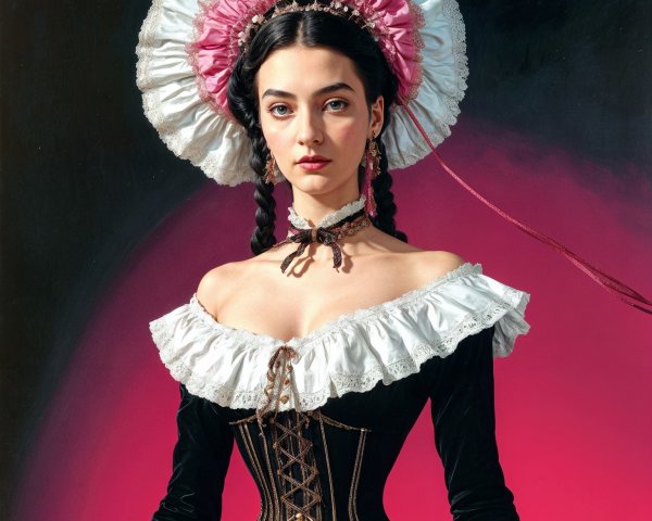 Historical Gown with Off-the-Shoulder Design and Hat