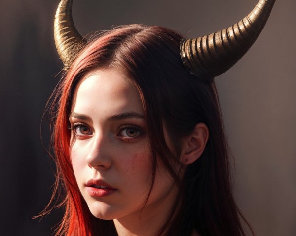 Close-up portrait of a young woman with golden horns