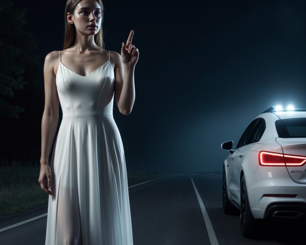 Woman in White Dress on Dimly Lit Night Road