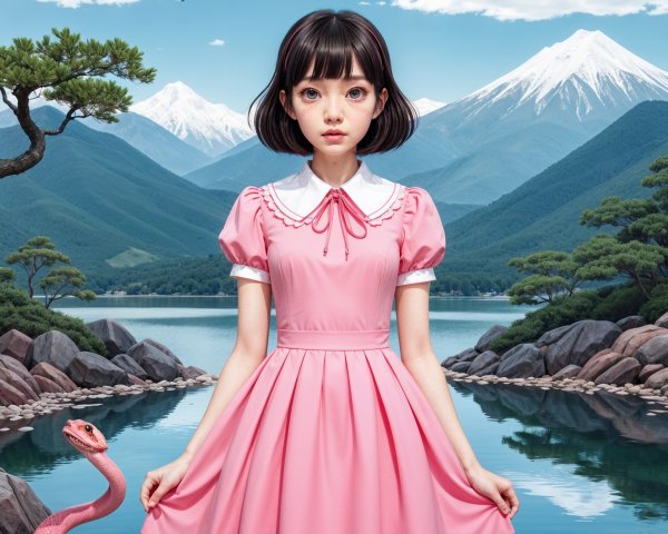 Girl in Pink Dress Surrounded by Flamingos and Nature