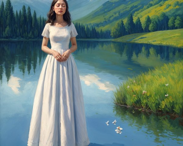 Serene Landscape with Woman in White Dress by Lake