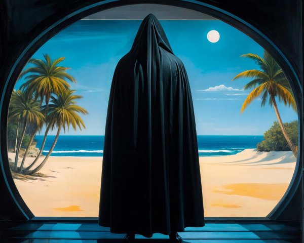 Cloaked Figure in Indoor Setting with Beach View
