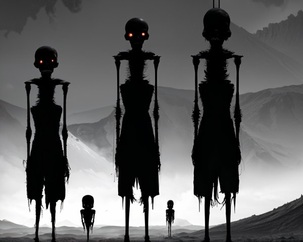 Skeletal Figures with Glowing Eyes in Desolate Landscape