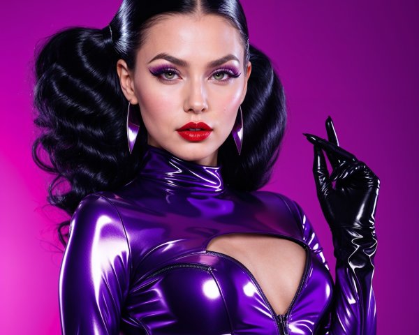 Model in Shiny Purple Bodysuit Against Purple Backdrop