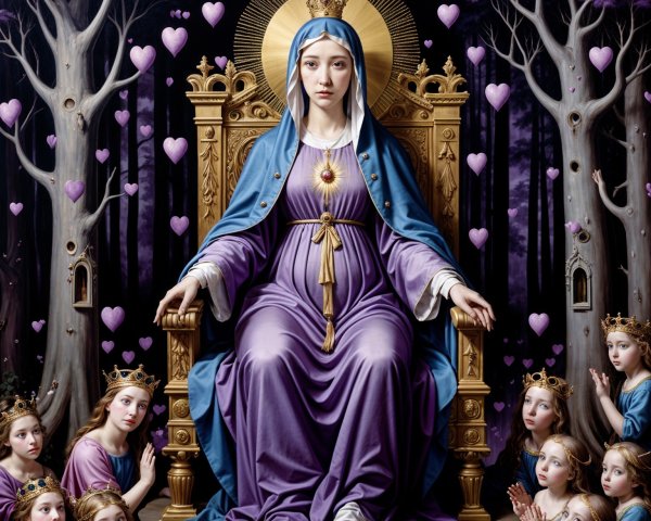 Regal figure on a golden throne with angelic figures