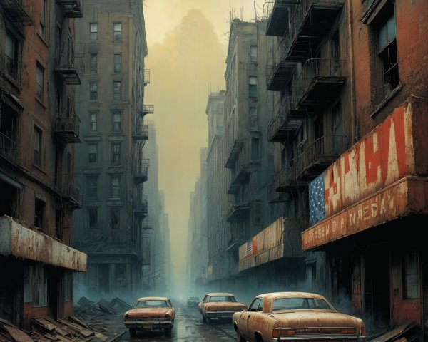 Desolate Urban Street with Abandoned Classic Cars