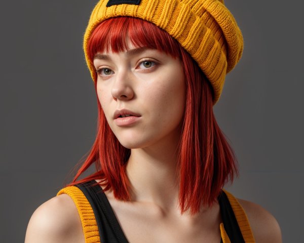 Young woman with red hair in yellow beanie and tank top