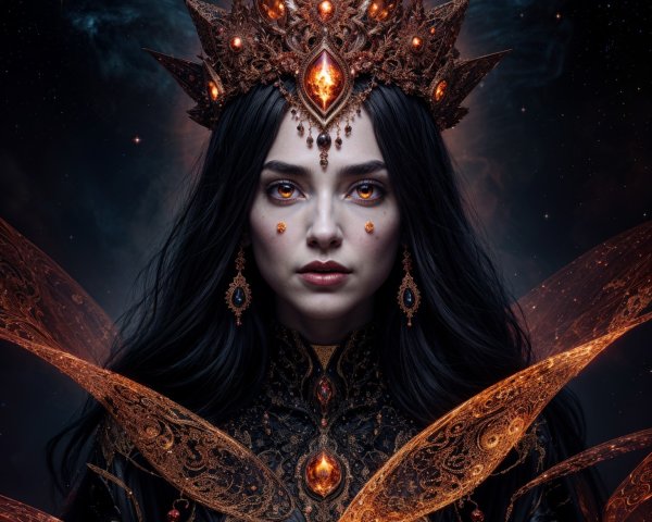 Otherworldly Figure with Fiery Crown and Cosmic Elements