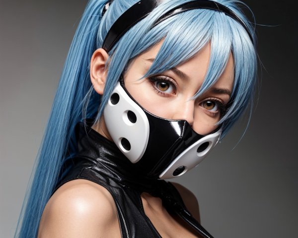 Woman with Blue Hair and Half-Face Mask in Black Outfit