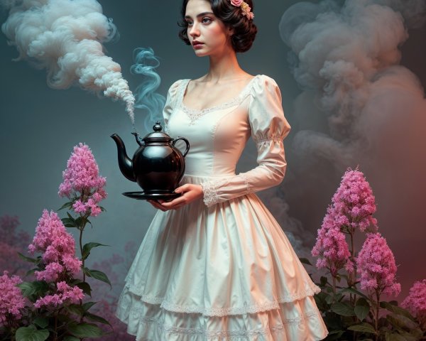 Young Woman in Vintage Dress with Black Teapot and Flowers