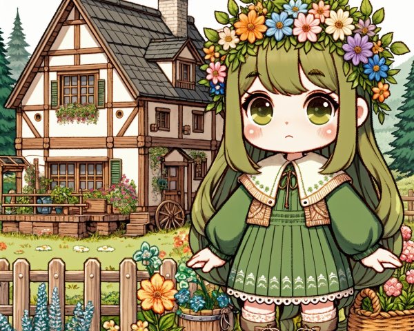 Character with Green Hair in Rustic House Setting