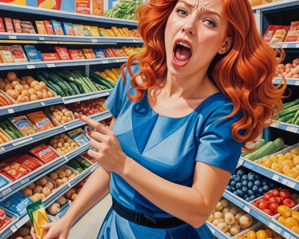 Woman with red hair in blue dress in grocery aisle