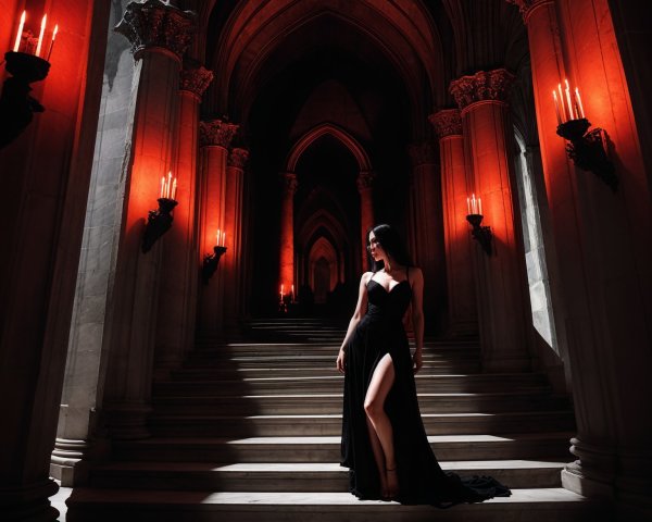 Elegant Woman in Black Gown in Dark Candlelit Corridor