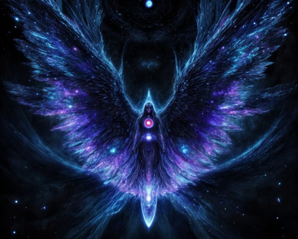 Ethereal Bird with Cosmic Wings and Radiant Orb