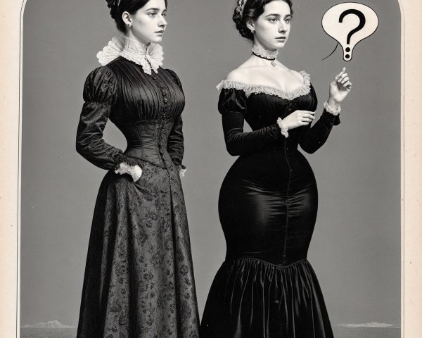 Victorian-style attire worn by two elegantly dressed women