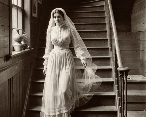 Young Woman in Vintage Wedding Dress on Staircase