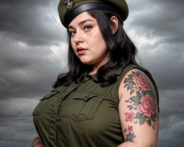 Confident Woman in Military Attire with Floral Tattoos