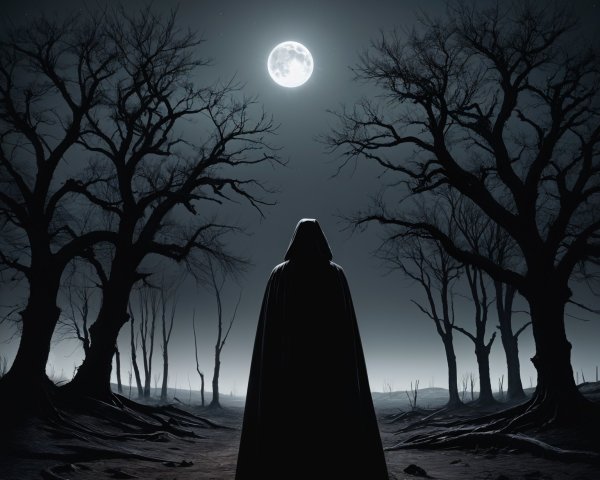 Cloaked Figure in Desolate Landscape Under Full Moon