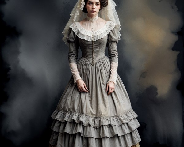 Young woman in vintage grey dress with ruffles and veil