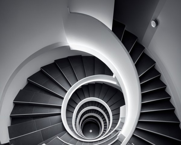Modern Spiral Staircase with Black Steps and White Walls