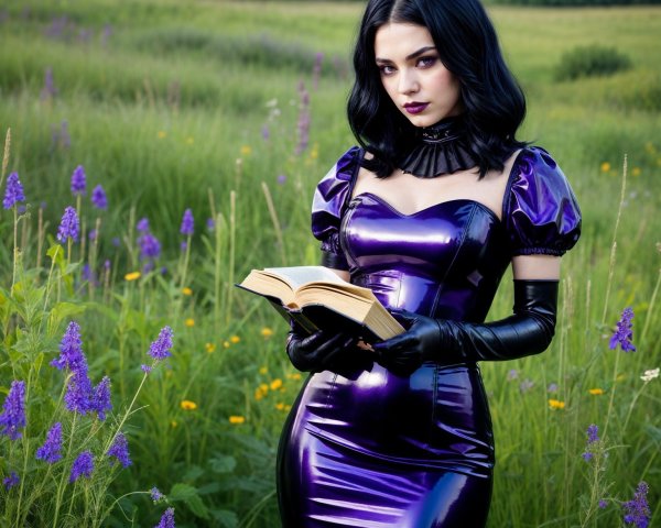 Young woman in purple dress in flower-filled field