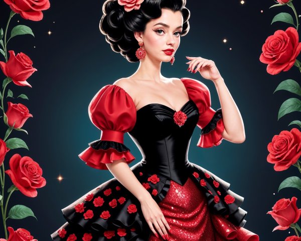 Elegant Gown with Ruffles and Floral Accents