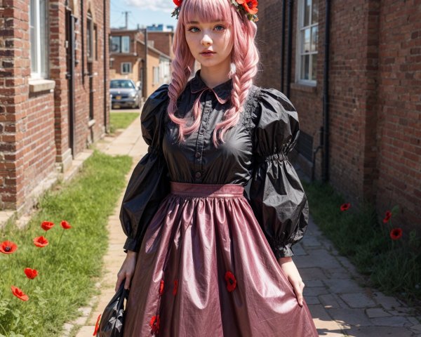Young woman in alleyway with floral attire and decor