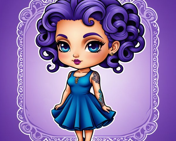 Cartoon-Style Girl with Purple Hair and Blue Dress