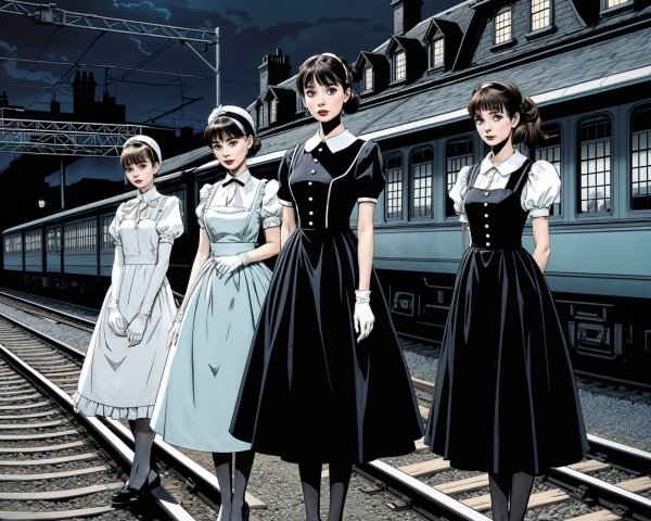 Elegant Women in Vintage Train Station at Night