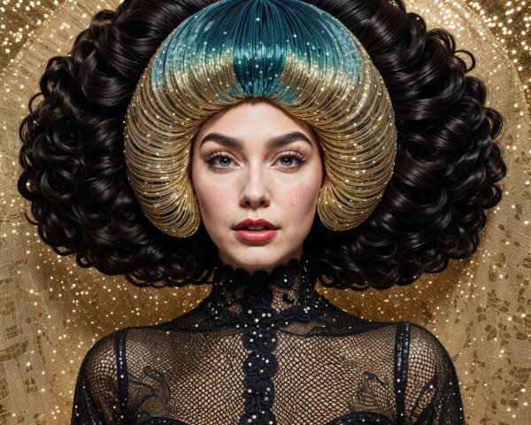 Model with voluminous hairstyle and elegant attire