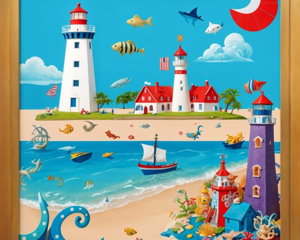 Vibrant Beach Scene with Lighthouses and Sea Life