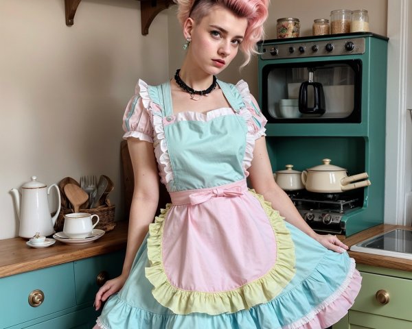 Vintage-Inspired Outfit in a Pastel-Colored Kitchen