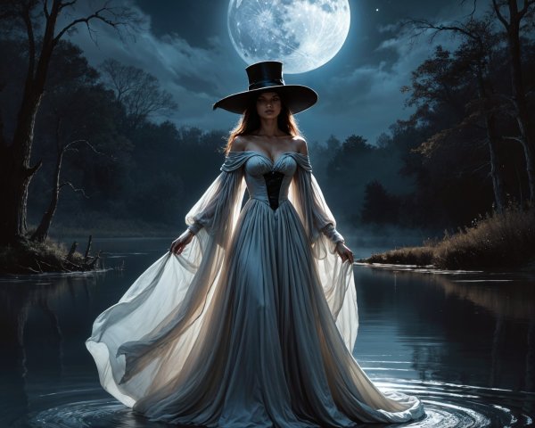 Mysterious Woman in Moonlit Lake with Elegant Gown