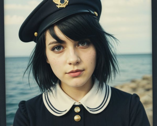 Young woman in vintage outfit by calm sea backdrop