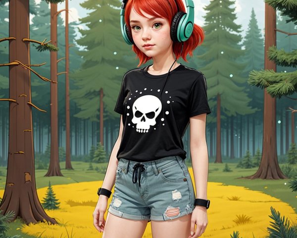 Young girl in vibrant forest with stylish outfit