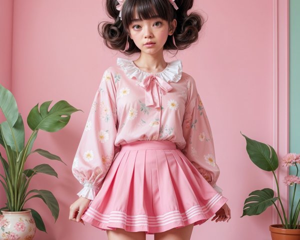 Young girl in pastel pink room with floral outfit